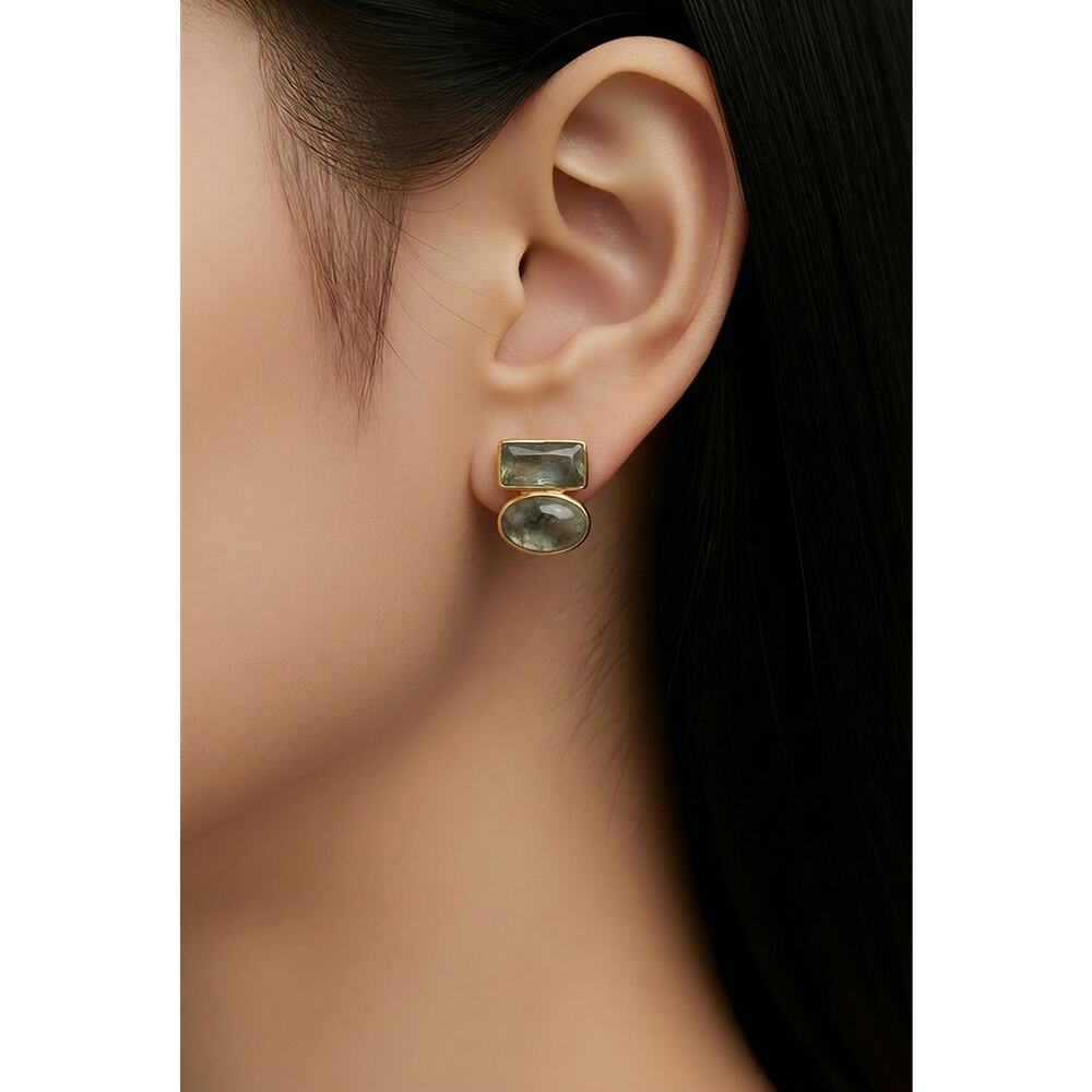 Jane Diaz Gold Plated Oval Cabochon and Baguette Stud Earrings